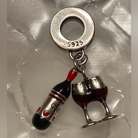 Charm for Pandora Bracelet Wine Bottle with 2 Glasses Sterling Silver - Picture 3 of 10